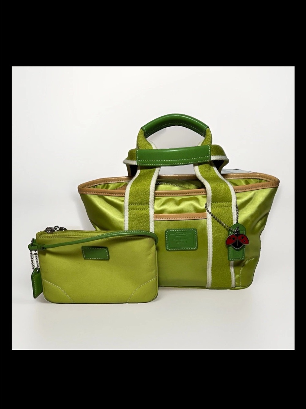 Coach Hamptons Mini Satin-Nylon Tote & Wristlet, Apple/Green Leather, 2005 #1893